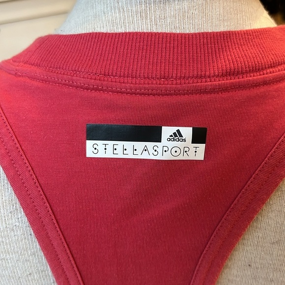 EUC Adidas Stella McCartney collab salmon pink with orange spellout bar t-shirt - Picture 5 of 7